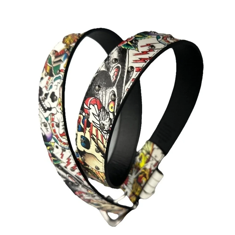 Ed Hardy Men's Skull Tiger Panther Print Belt With Hammered Rivet Studs SZ 40 NW